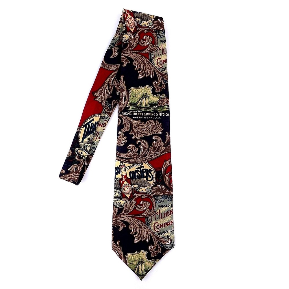 Tabasco Hot Sauce Silk Tie Navy Red Vintage Oyster Avery Island Coastal Nautical